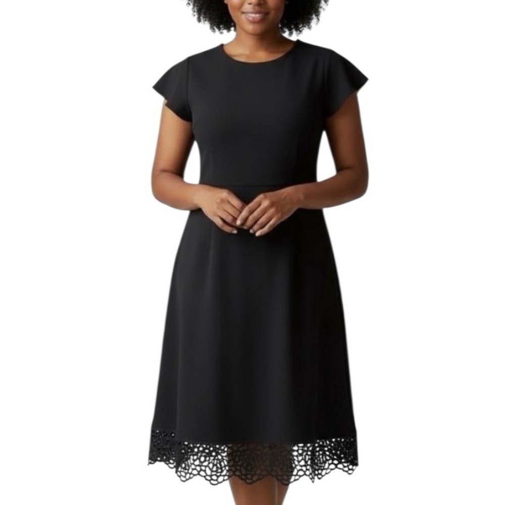 Donna Ricco Women Black Fit Flare 6 Flutter Sleeve Laser Cut Lace‎ Crochet Hem